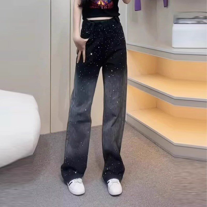 设计感渐变阔腿牛仔裤女2025年春季高腰小个子黑色显瘦直筒拖地裤