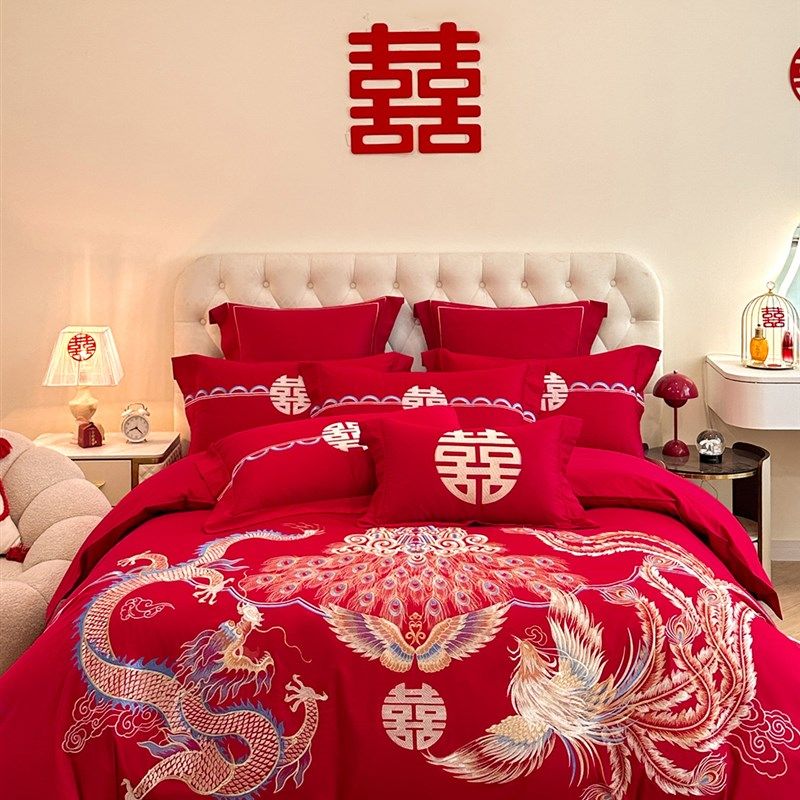 龙凤刺绣新e婚四件套婚庆大红色新房婚嫁被套床单结婚床上用品