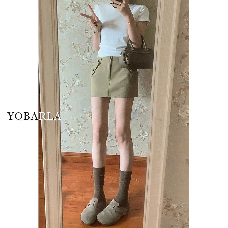 卡其色休闲工装短裙女夏季胖mm大码显瘦高腰梨型身材a字半身裙子