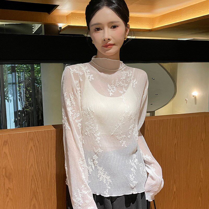 网纱白色打底衫女2025新款薄款秋季刺绣长袖t恤外穿内搭上衣洋气