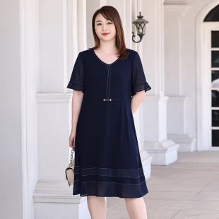 加肥加大码 雪纺裙子 胖妈妈设计感连衣裙胖妹妹洋气显瘦V领中长款
