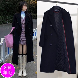 宽松夹棉呢子西装 秋冬季 外套加厚 2023新款 黑色毛呢大衣女中长款