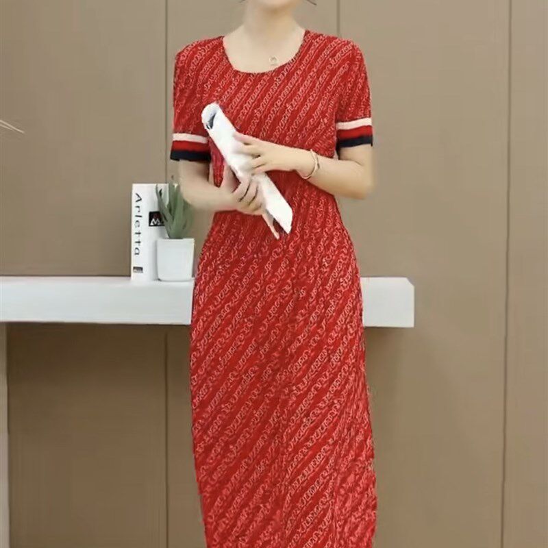 时尚妈妈连衣裙夏季短袖褶皱雪纺真丝长裙套头圆领宽松显瘦波点裙