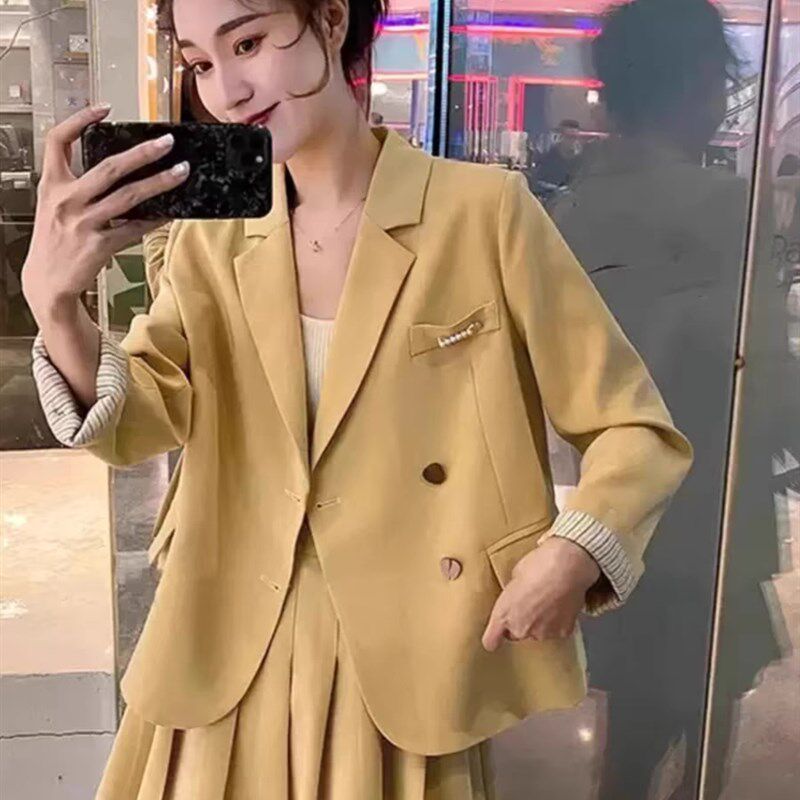 韩版初春翻领单排扣西装外套高腰显瘦百褶裙学院风小个子两件套装