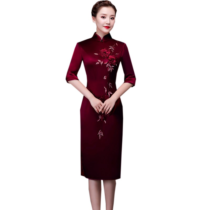 玫芙娜旗袍修身显瘦气质酒红色绣花旗袍中长款中国风喜婆婆婚宴时