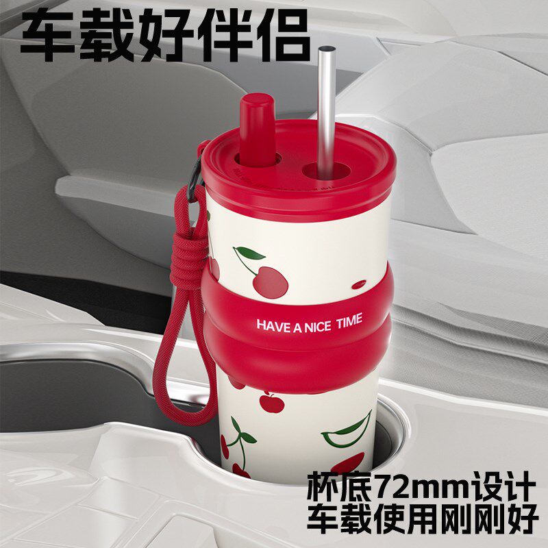 吸管保温杯女f生男款2024新款高颜值陶瓷内胆车载水杯随行咖啡杯