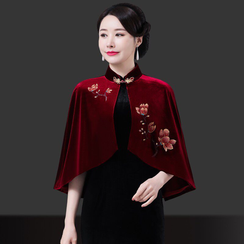 2021春季新款百搭丝绒旗袍披肩改良时尚小外套斗篷敬酒礼服妈妈装