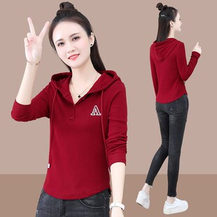连帽卫衣女修身百搭长袖T恤衫休闲短款2024春秋薄款气质减龄外套