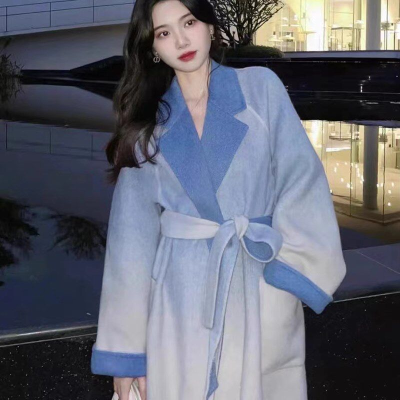 渐变色翻领粉色双面羊绒大衣女秋冬羊毛高级2024新款宽松呢子外套