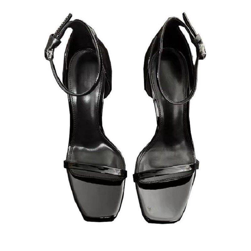 2024年夏季新款黑色漆皮v一字带方头高跟鞋女细跟凉鞋百搭金跟露