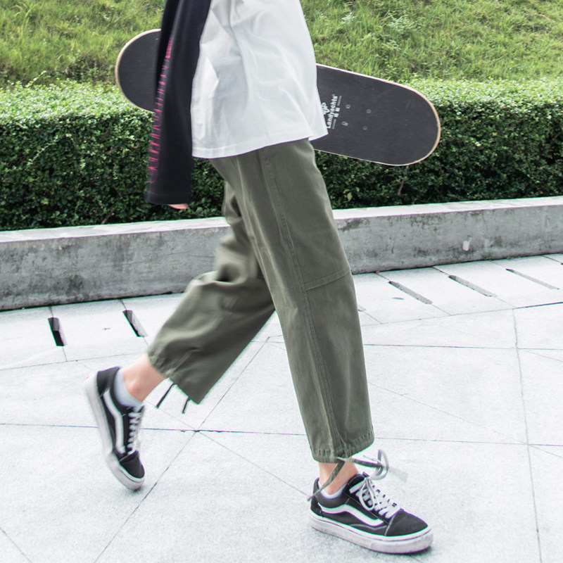 军绿色裤子女夏季薄款工装裤春秋九分小个子束脚运动直筒休闲大码