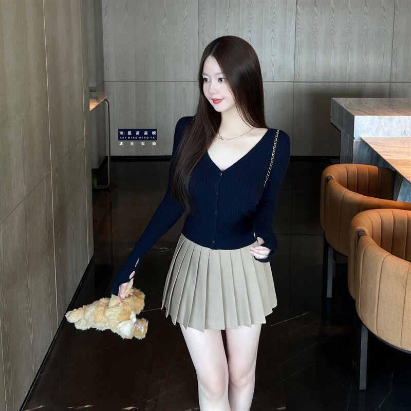 学院派藏蓝色V领长袖短款毛衣开衫收腰修身针织衫纯色上衣女秋款