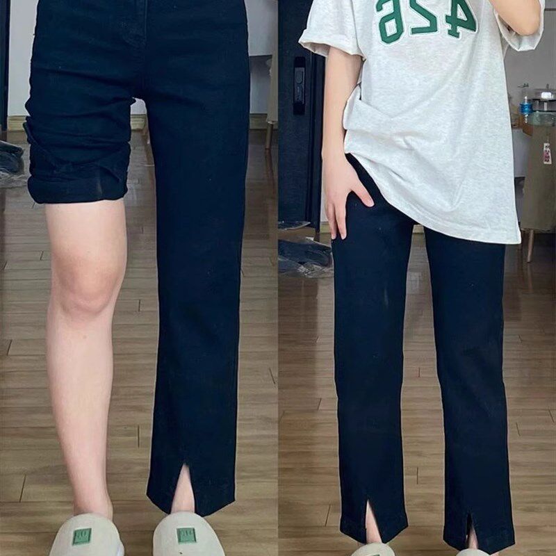 特大码黑色高腰开叉微喇牛仔裤女胖mm秋季宽松显瘦小个子直筒裤子