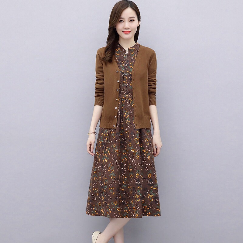 收腰显瘦中长版A字洋装2023秋季新款单针织开衫套装裙子两件套