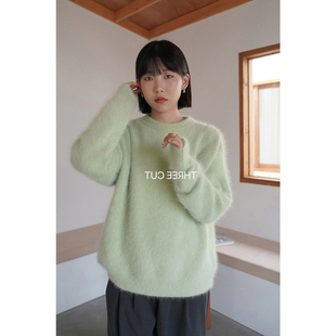 浅绿色兔绒毛茸茸圆领毛衣女秋冬宽松慵懒套头保暖打底针织衫 上衣