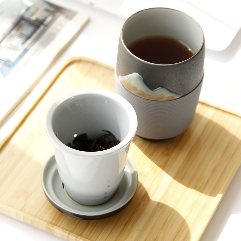 陶瓷泡茶杯办公室茶水杯日式w杯子防烫套带盖杯子便携包茶杯过滤