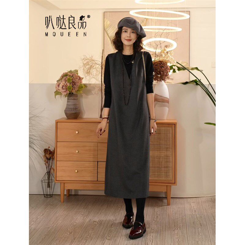 【叭哒不惑】雾灰 气质百搭纯色显瘦长裙女士灰色连衣裙