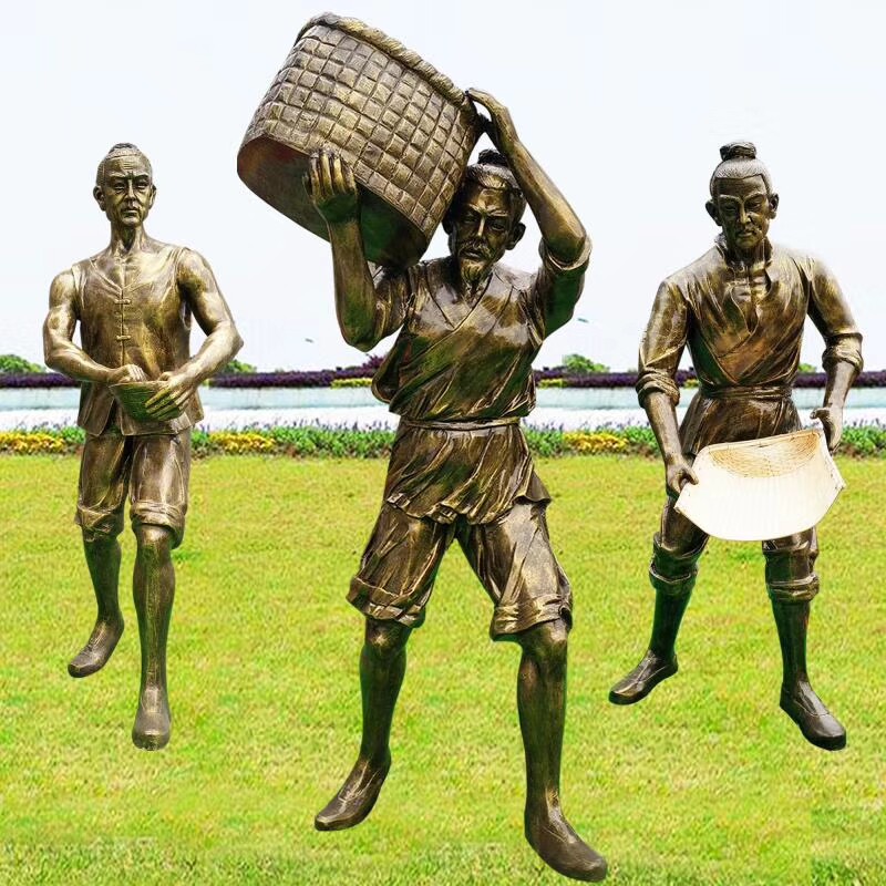 农耕民俗文化雕塑l古代人物劳动丰收割水稻耕地牛拉犁模型景观摆