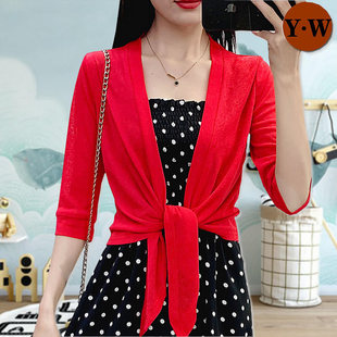 外搭红色坎肩夏大码 针织小披肩短款 空调衫 开衫 女 外套配吊带裙子