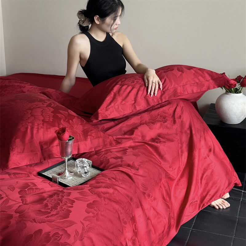 现代风玫瑰f大红婚庆陪嫁结婚单双人床品乔迁长绒棉三四件套