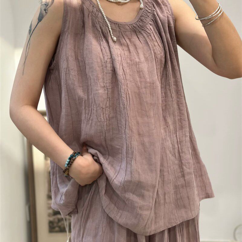 灰色背心上衣女高级感2024夏季新款日系复古宽松苎麻T恤