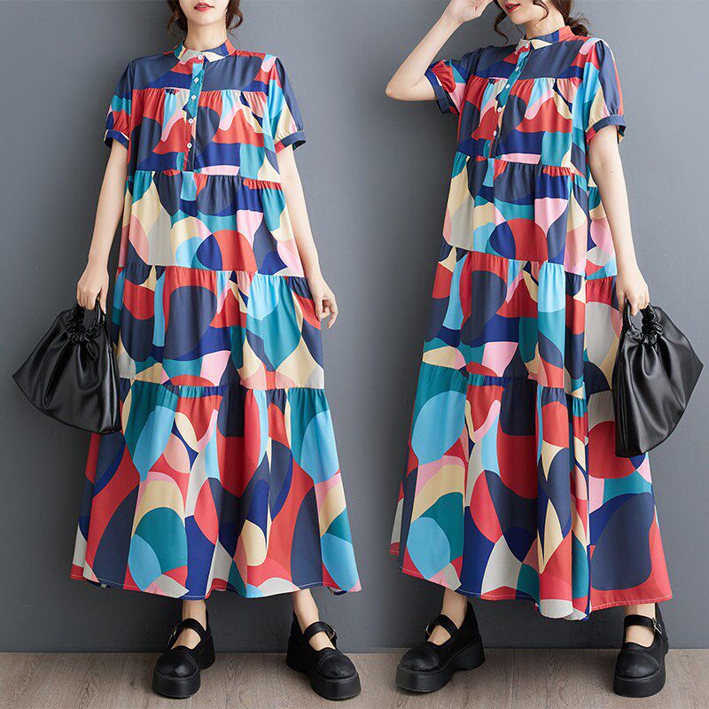 韩版夏季大码宽松显瘦洋气短袖印花中长款衬衣连衣裙涤棉长裙子