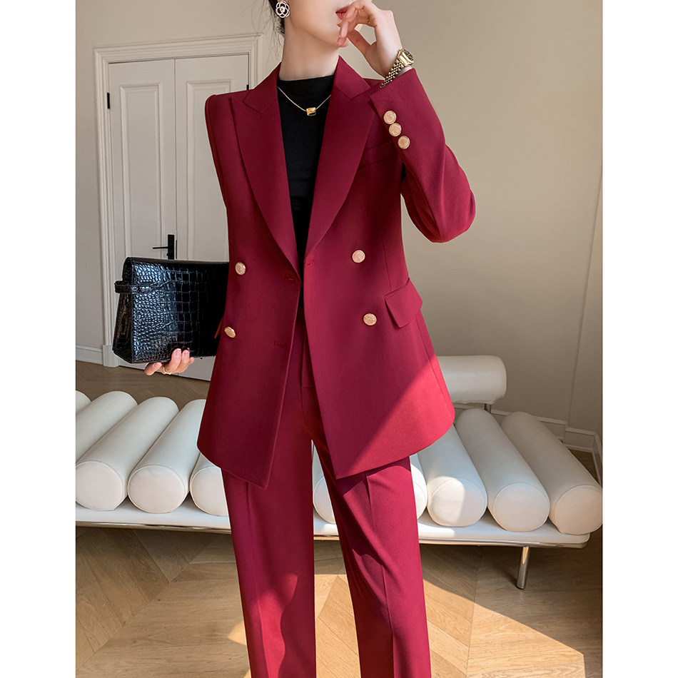 红色西装套装女2025新款春秋高级感小个子阔腿裤轻奢休闲职业正装