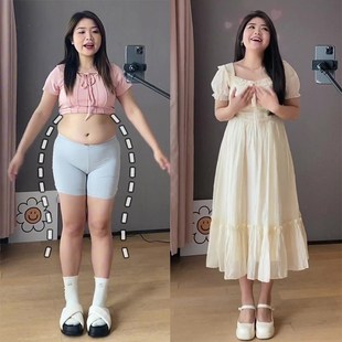 减龄胖mm梨形身材微胖高腰遮肉显瘦裙子 大码 法式 雪纺连衣裙女夏季