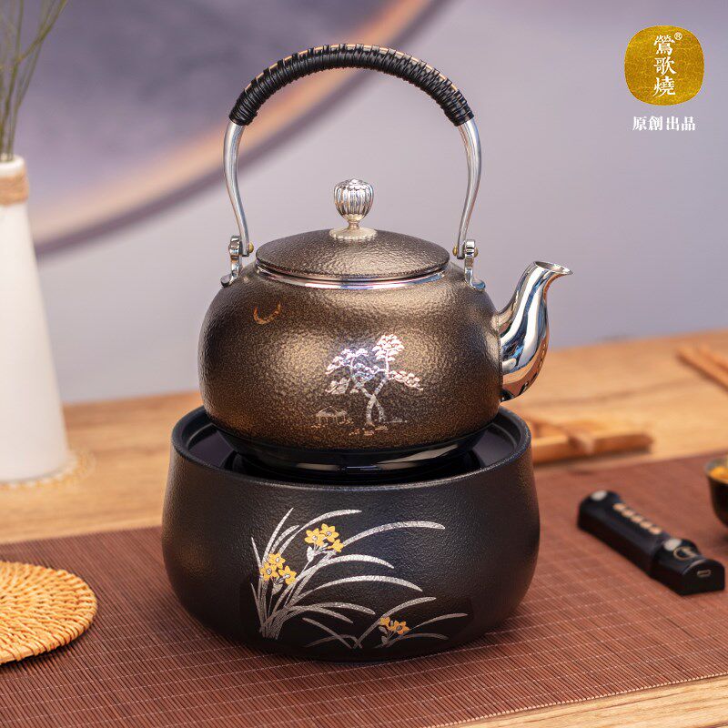 莺歌烧电陶炉茶炉 黑底错金银兰花煮茶器 家用静W音烧水泡茶炉