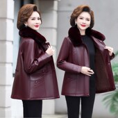 新款 宽松2024冬季 中老年人皮棉袄加绒加厚 大码 妈妈皮衣外套女短款