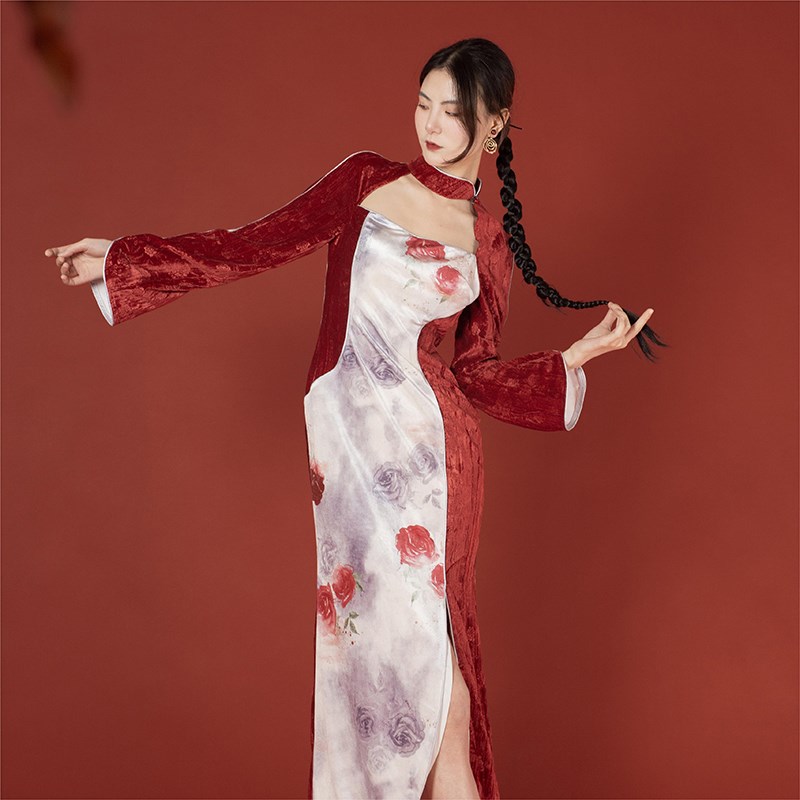 壹贰定制新中式旗袍2025新款女酒红色丝绒敬酒服连衣裙 血色浪漫