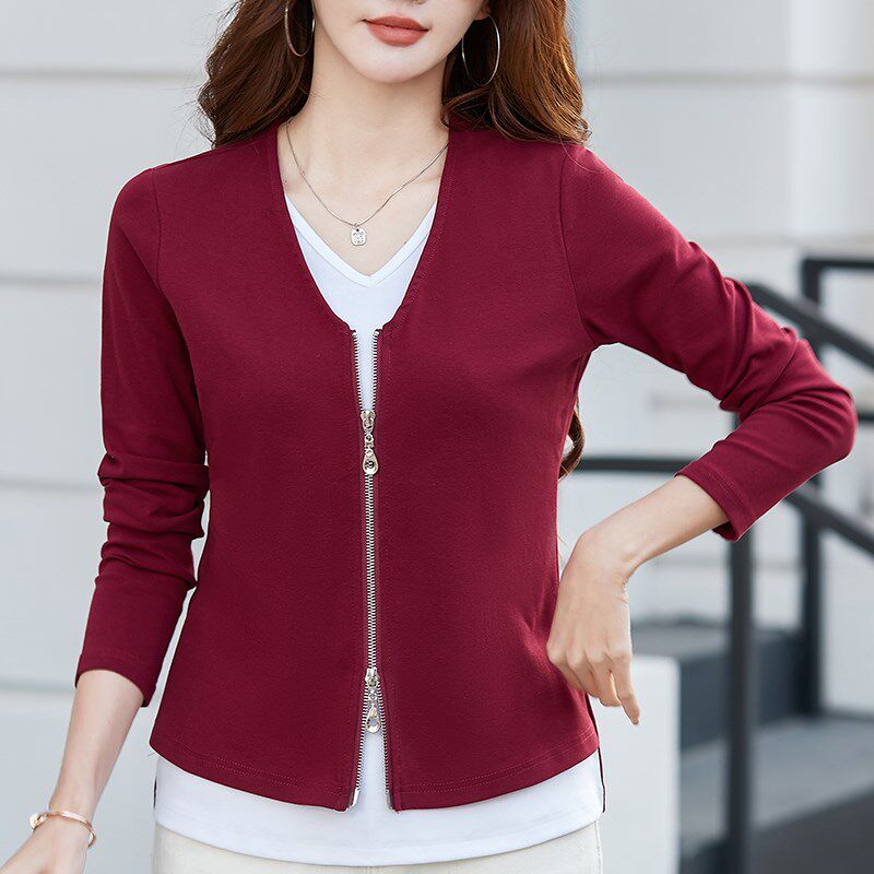 假两件纯棉V领长袖t恤女开衫2024春秋新款宽松打底衫洋气外穿上衣