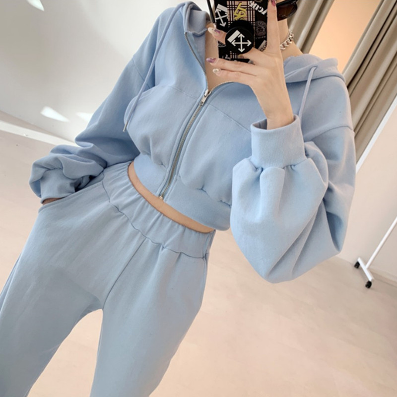 洋气休闲运动套装女2021秋季纯色连帽开衫卫衣高腰阔脚裤三件套潮