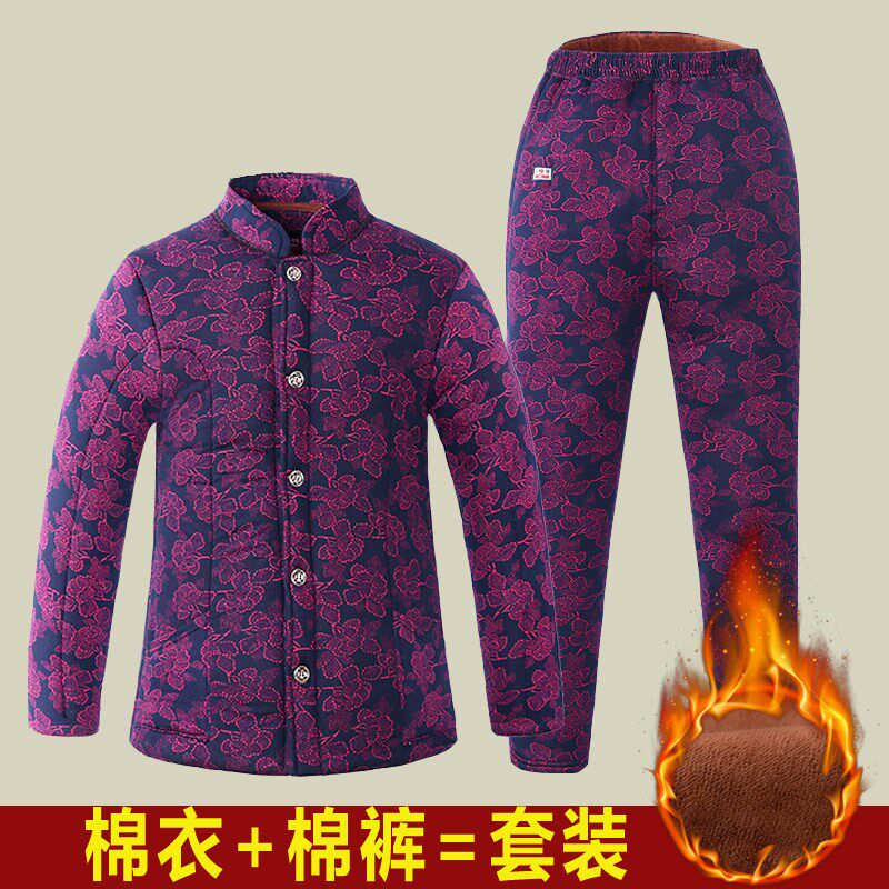 冬季驼绒棉套装加厚棉袄棉裤两件套中老年加绒大码女装奶奶保暖