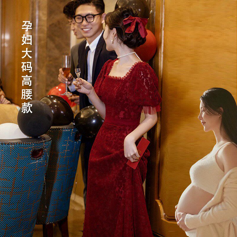 大码敬酒服胖mm显瘦法式高级蕾丝结婚礼服孕妇订婚连衣裙回门便装