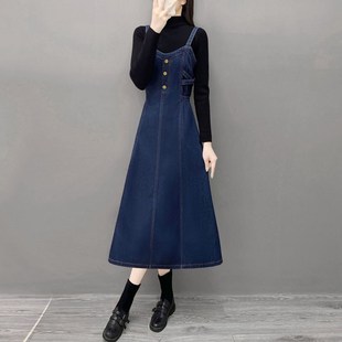2024中长裙新款 胖mm百搭宽松收腰背带长裙牛仔吊带a字连衣裙 秋季