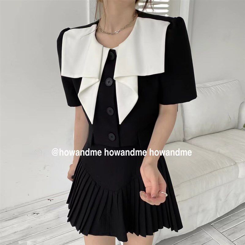 2021夏季新款韩版百搭减龄撞色西服上衣高腰百褶裙短裙两件套套装
