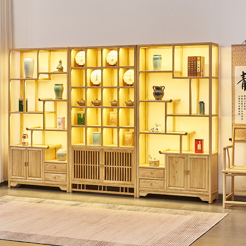 榆木新中c式茶叶展示架实木多宝阁简约现代客厅隔断书柜博古架定