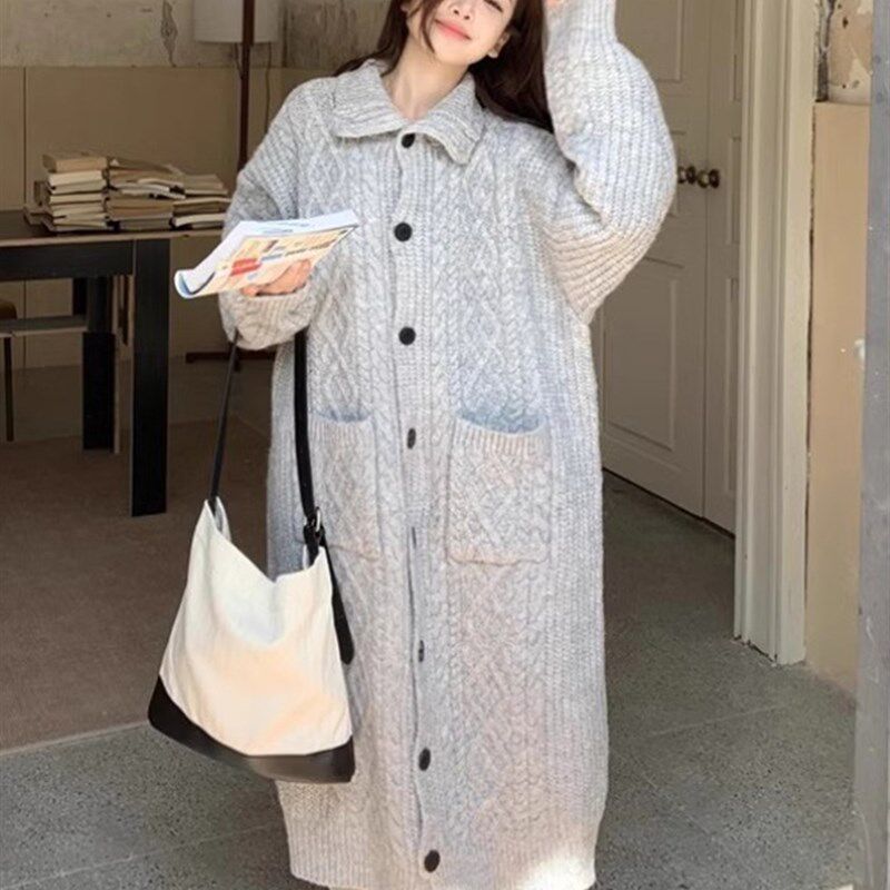 长款毛衣外套女秋冬装新款大码胖mm慵懒风宽松加厚麻花针织开衫潮