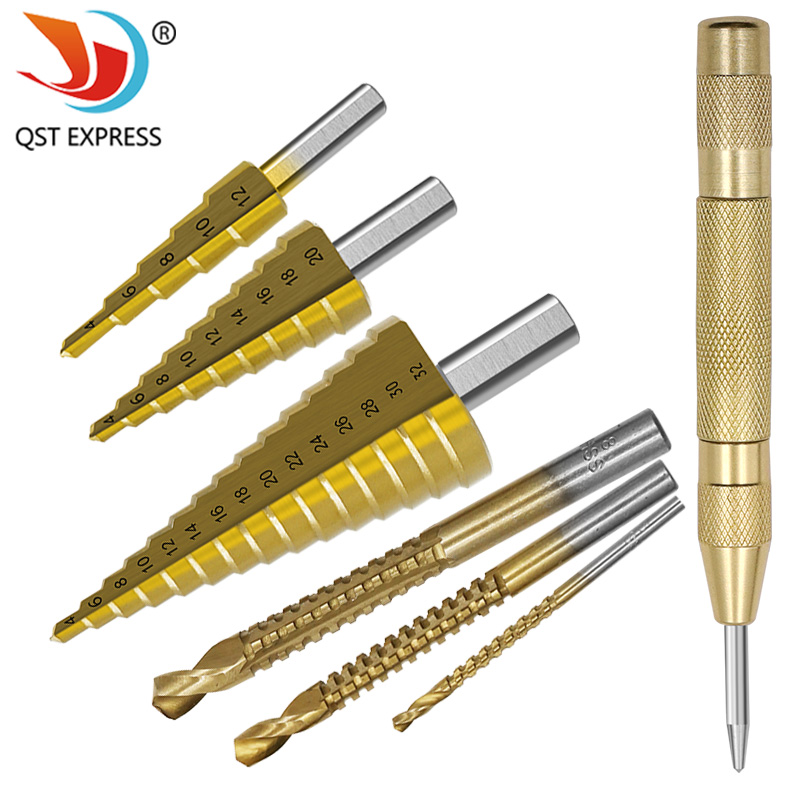 7件套阶梯钻木工拉槽锯钻中心冲组套三角柄钻头高速网宝塔钻套装