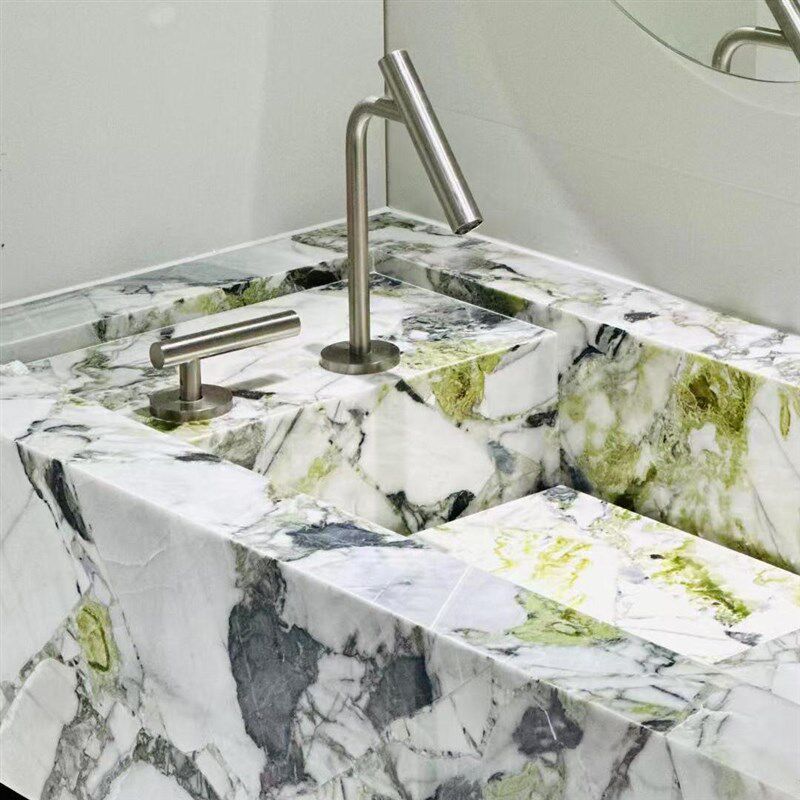 魔浴一字双孔分体面盆水龙头冷热浴室柜台洗手脸盆镍拉丝银