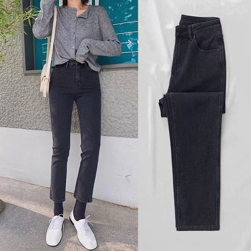 高腰黑灰色小个子直筒牛仔裤女2025新款春款八分宽松九分烟管裤子