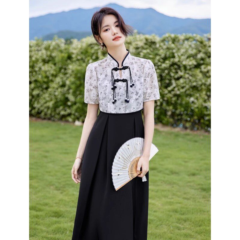 大码女装胖mm国风旗袍裙2023夏季新中式罩衫吊带连衣裙两件套