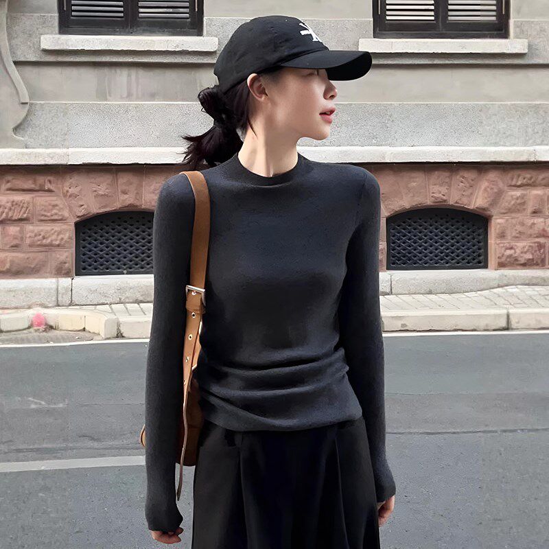 灰色半高领针织衫女秋冬修身紧身薄款毛衣内搭打底衫正肩长袖上衣