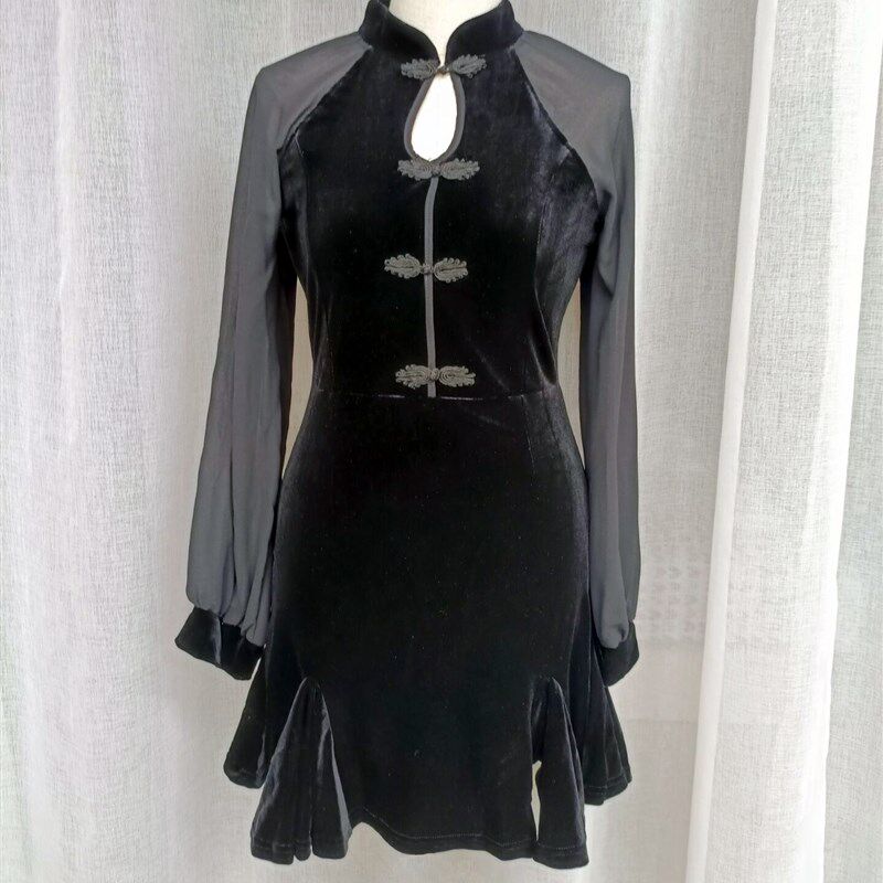 中国风旗袍改良版连衣裙短款小个子鱼尾裙丝绒高腰a字裙