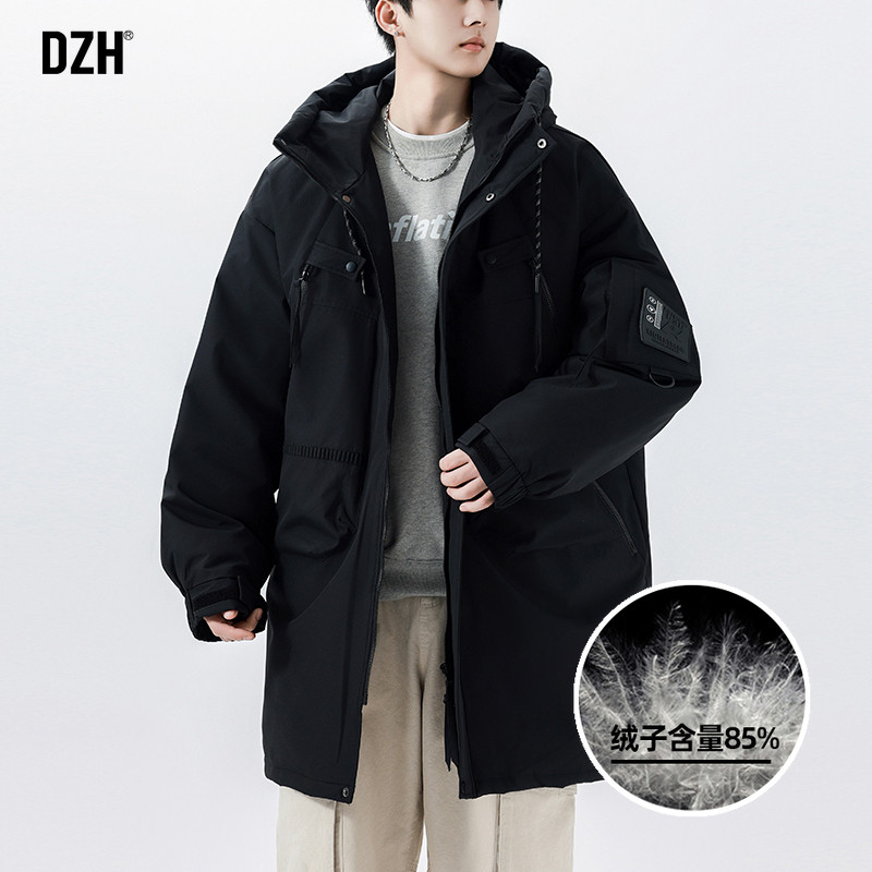 男士黑色中长款羽绒服男潮2024新款冬季加厚保暖工装羽绒外套冬款