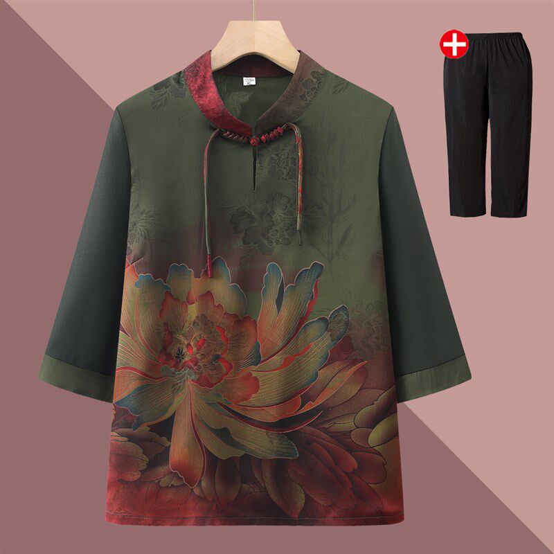 小个子妈妈夏装T恤短款女装中老年人新中式旗袍上衣奶奶雪纺短袖