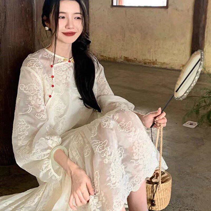 精致清冷~春夏新中式重工刺绣旗袍盘扣宽松大摆灯笼袖显瘦连衣裙
