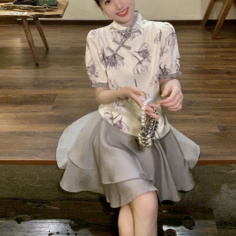 大码胖mm新中式国风盘扣立领碎花旗袍上衣半身裙女春夏显瘦两件套