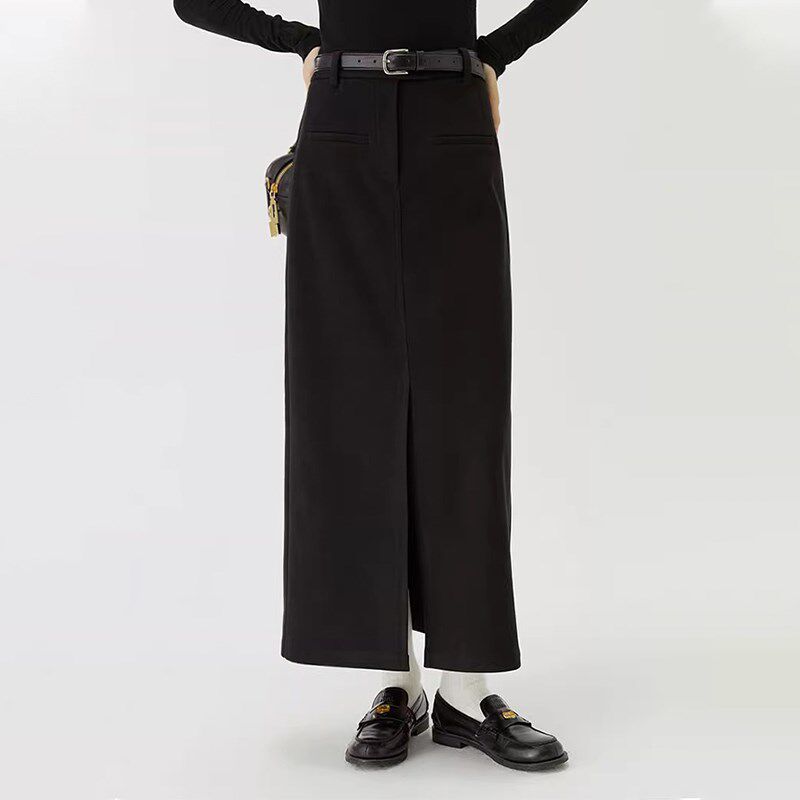 大码黑色开叉加绒西装半身裙女2024秋冬胖mm高腰百搭中长款直筒裙